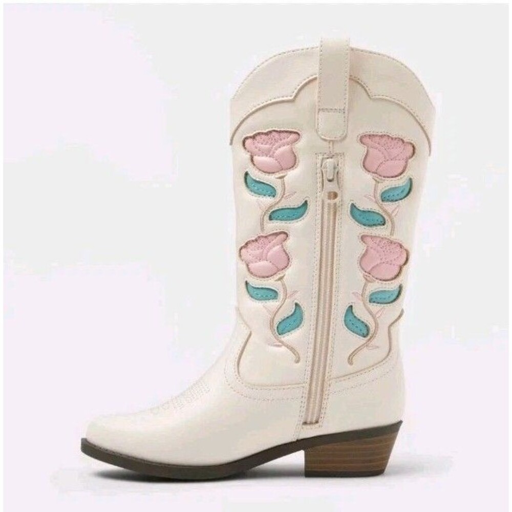 Art Class Kids' Emberly Embroidered Western Boots Flower Ivory Mid Calf - Picture 2 of 3